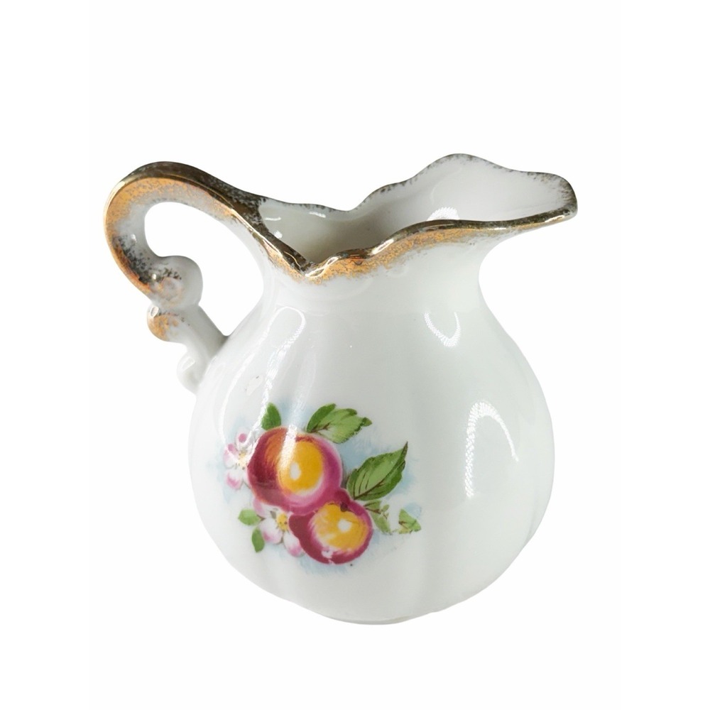 Vintage Hand Painted Creamer Underplate Set Pink Apples Gold Trim Porcelain EUC - Picture 8 of 13